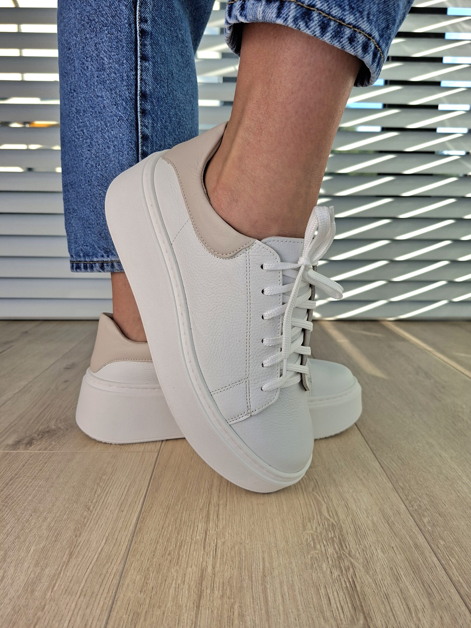 Sneakers Kyoto Lana skóra naturalna biało/beż Polska produkcja