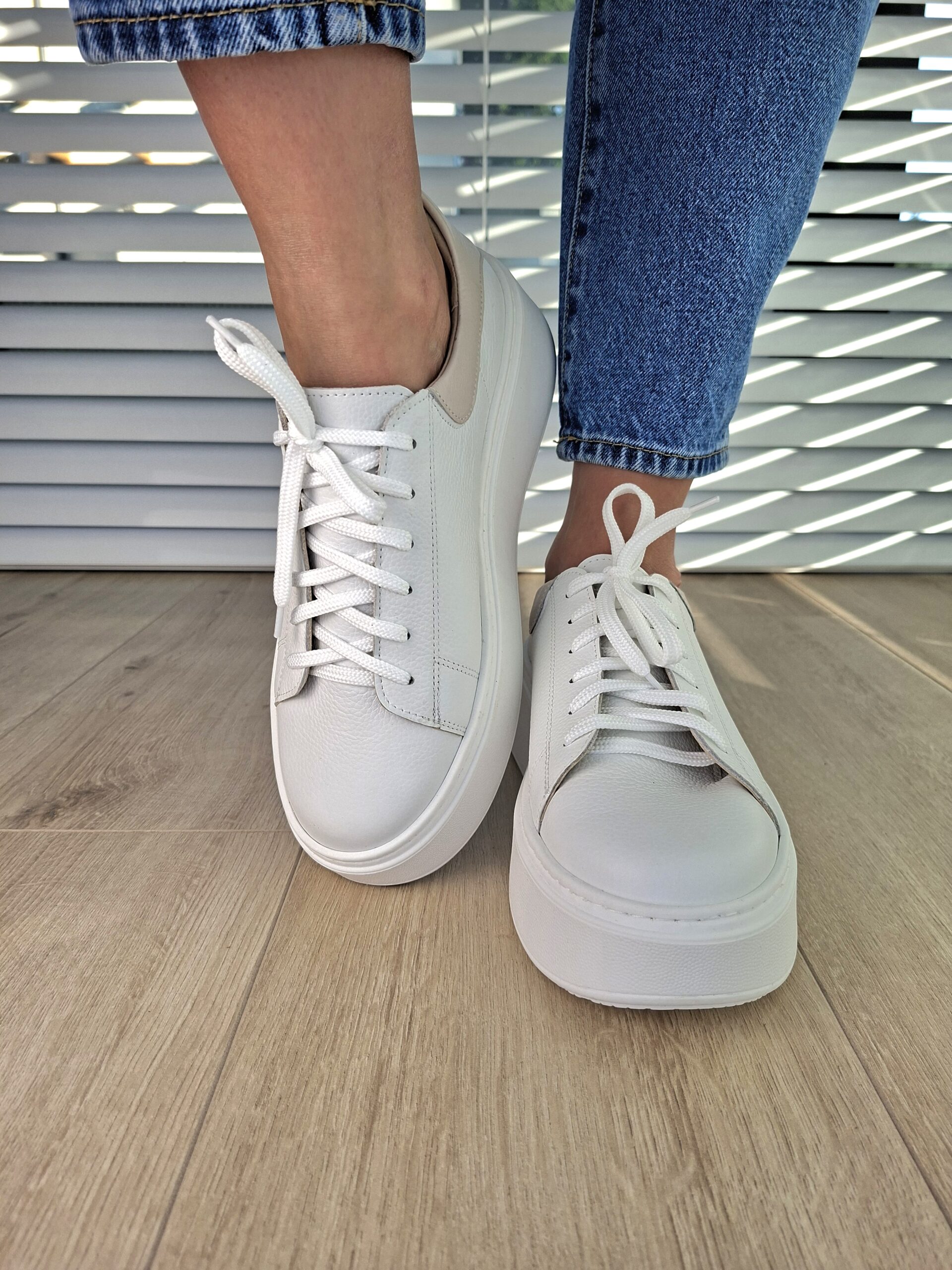 Sneakers Kyoto Lana skóra naturalna biało/beż Polska produkcja - obrazek 4
