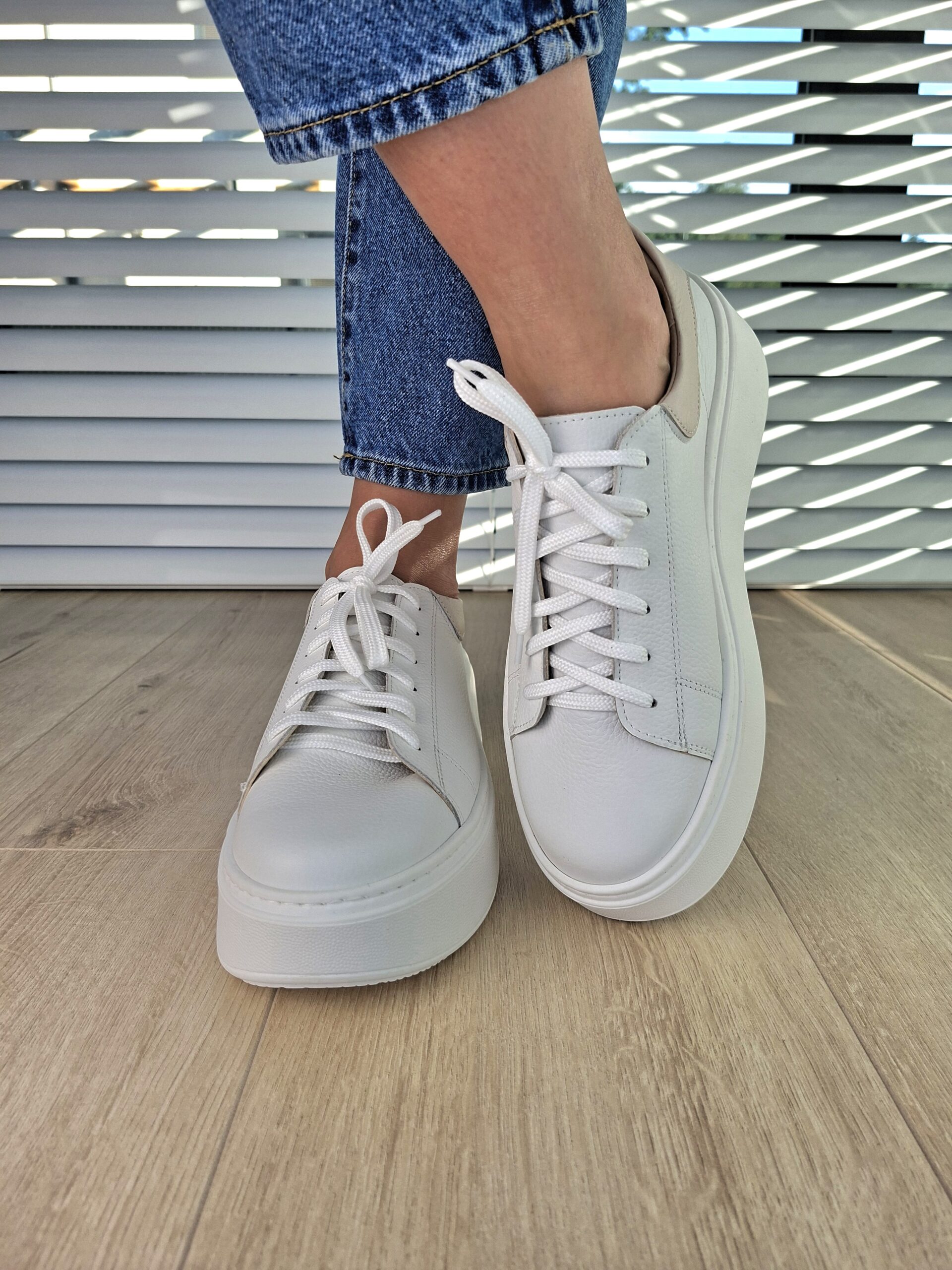 Sneakers Kyoto Lana skóra naturalna biało/beż Polska produkcja - obrazek 3